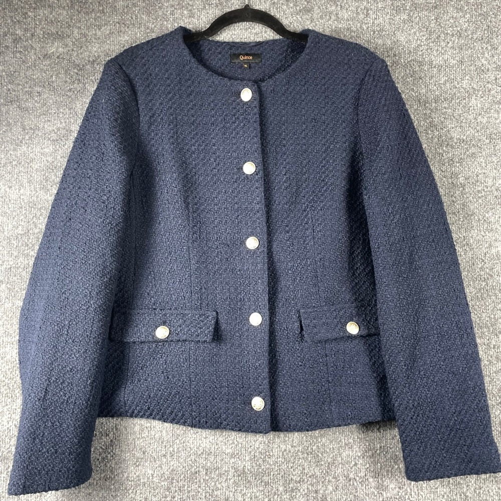 Quince Jacket Womens XL Navy Blue Tweed Blazer Gold Crest Button Military Luxury